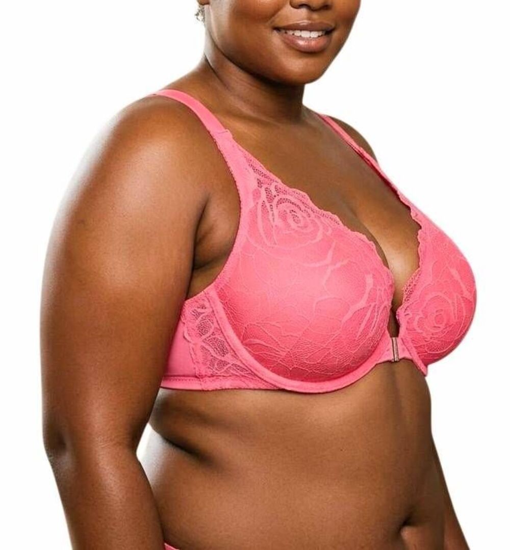 Cacique Hot Pink melon salmon lace boost plunge push up front close bra 44B